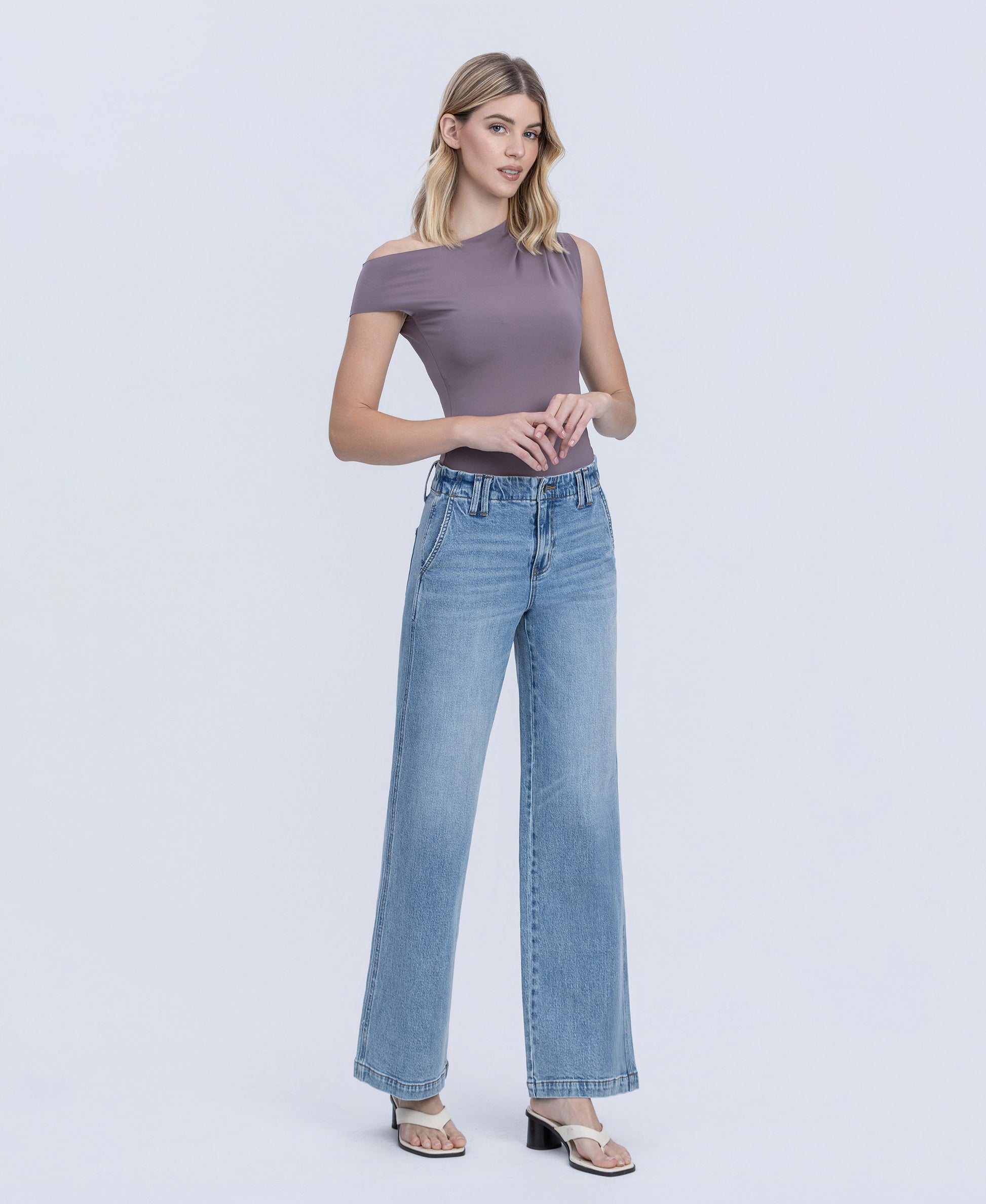 Right 45 degrees product image of Glimmer - High Rise Waist Facing Wide Leg Jeans