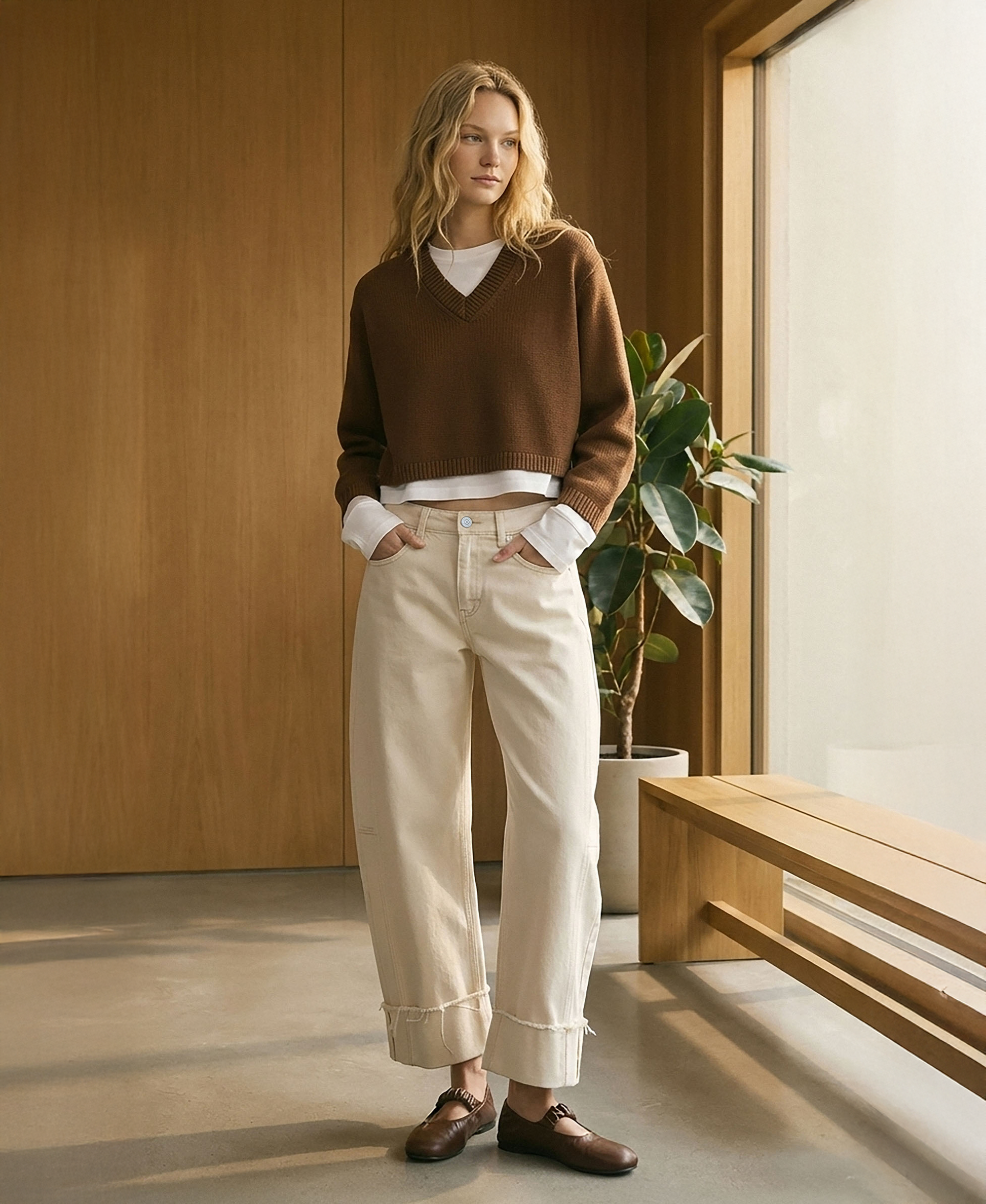 editorial image of Whitecap Gray - High Rise Side Panel Cuffed Crop Barrel Jeans