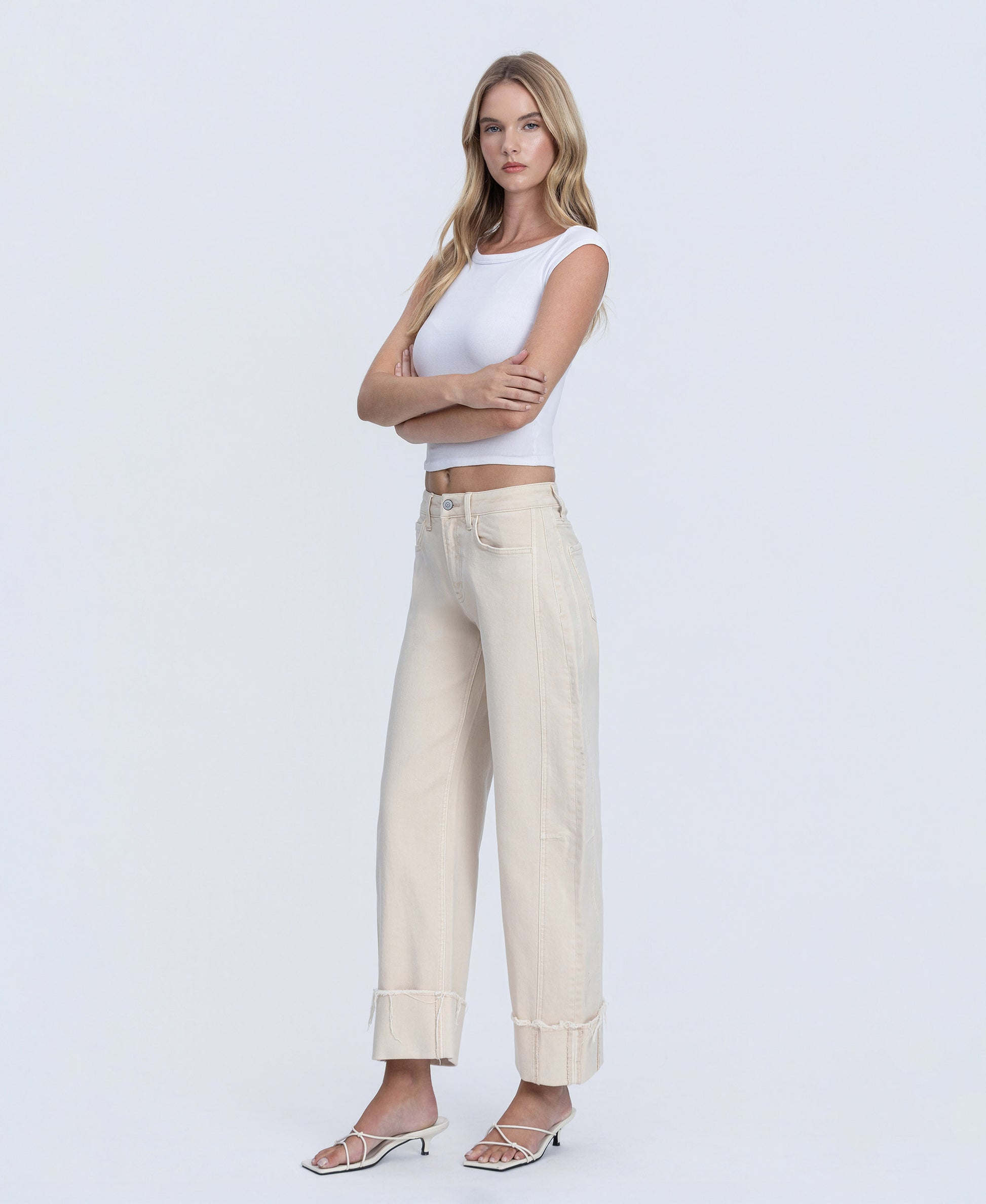Left 45 degrees product image of Whitecap Gray - High Rise Side Panel Cuffed Crop Barrel Jeans