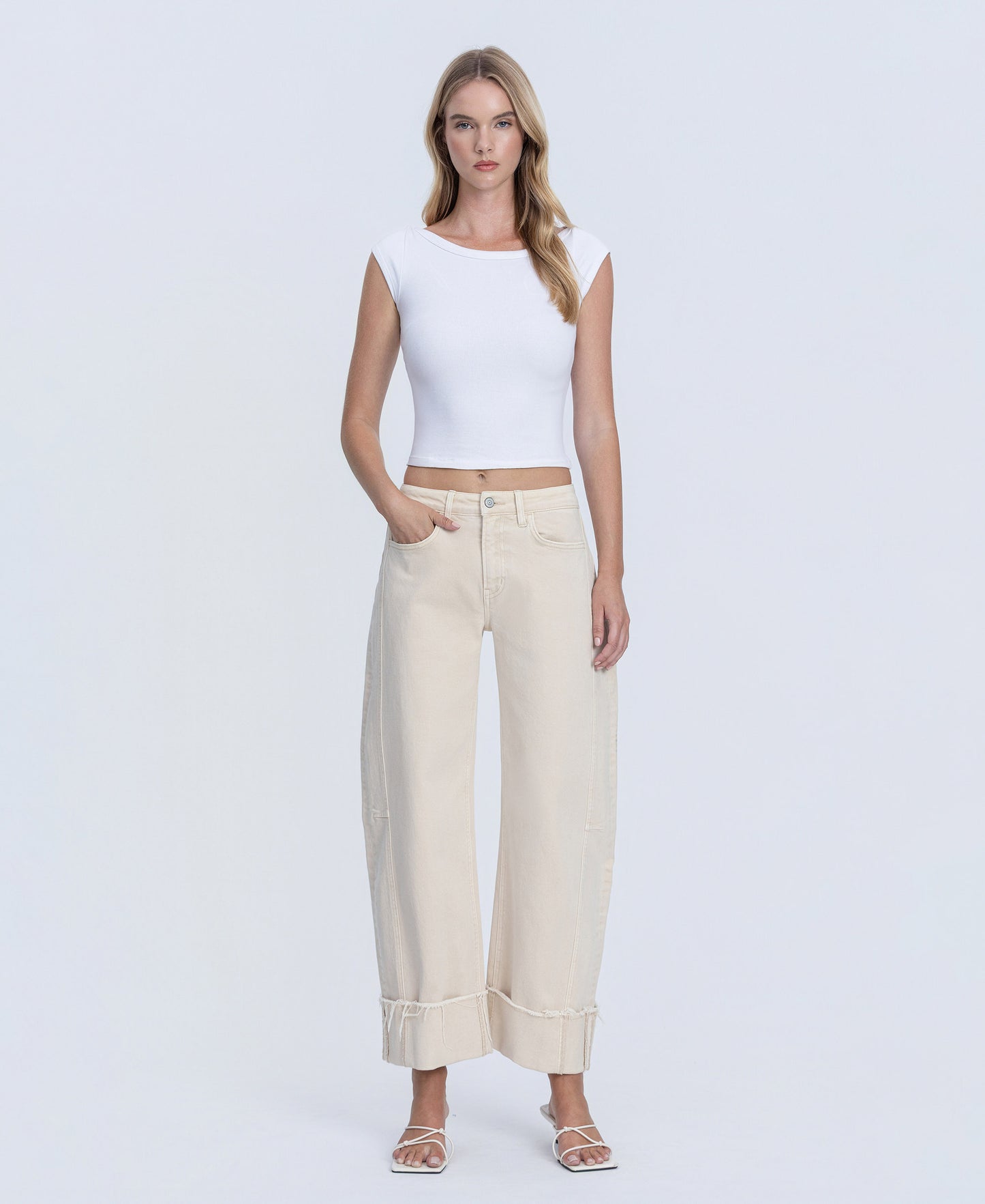 Front product images of Whitecap Gray - High Rise Side Panel Cuffed Crop Barrel Jeans