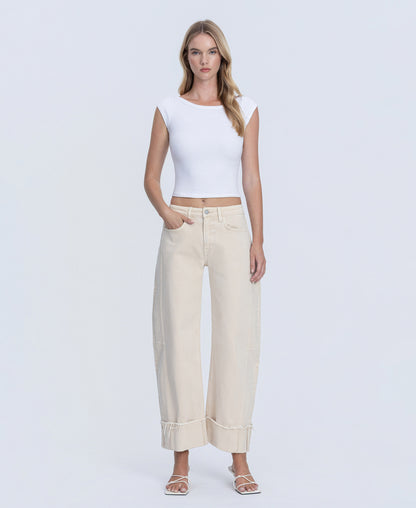 Front product images of Whitecap Gray - High Rise Side Panel Cuffed Crop Barrel Jeans