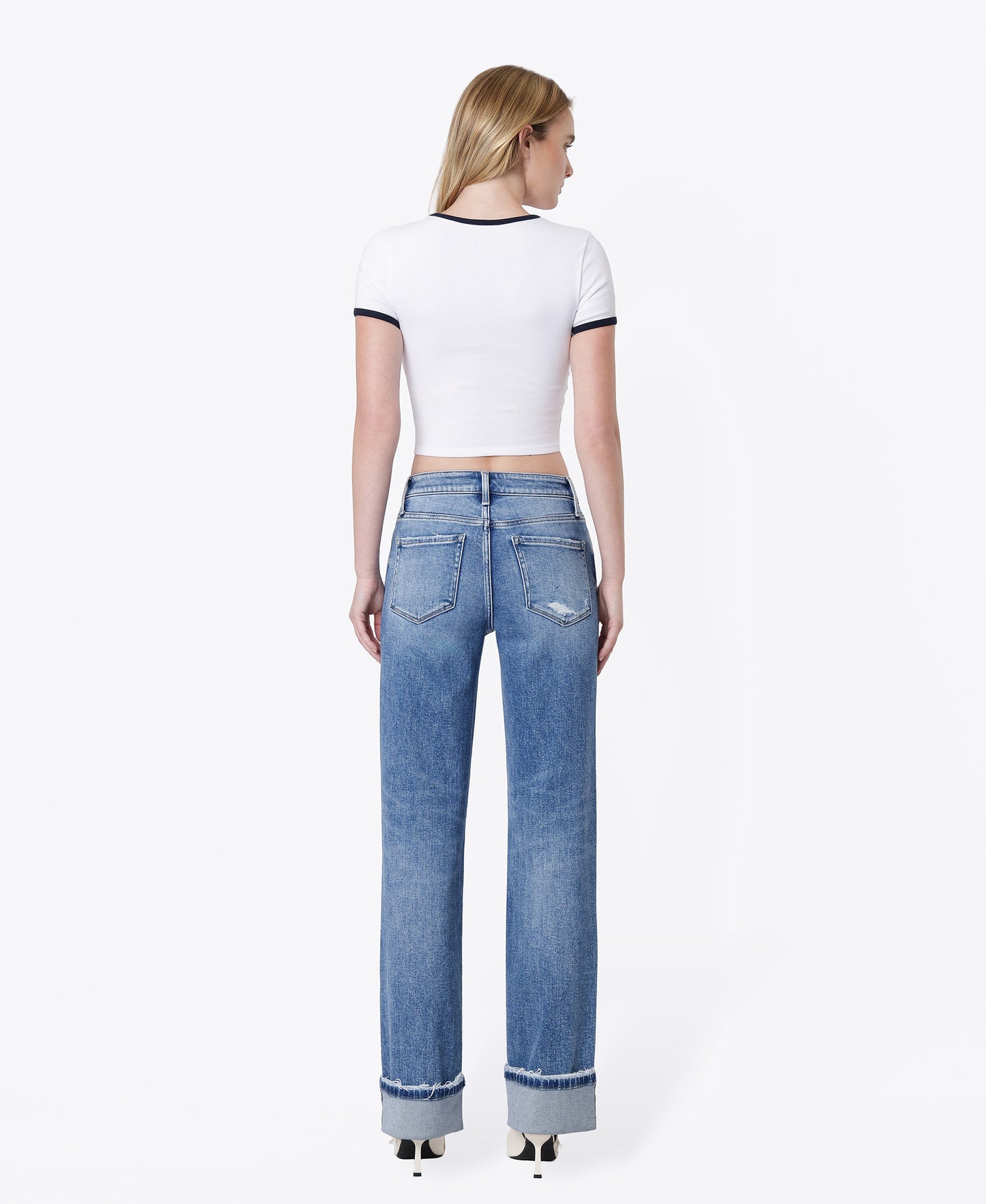 Back product images of Frisky - High Rise Distressed Cuffed Slim Wide Leg Jeans