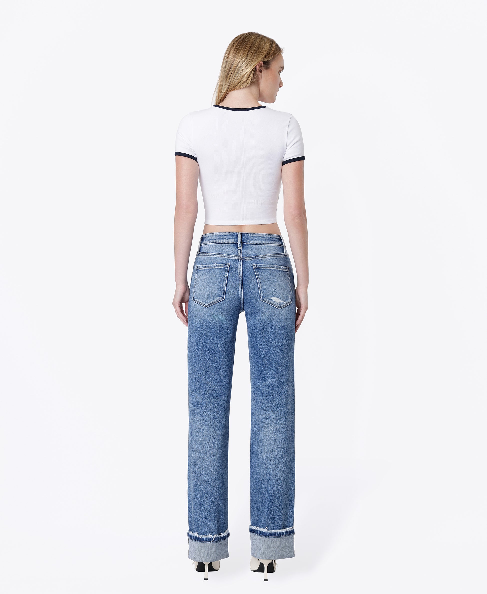Back product images of Frisky - High Rise Distressed Cuffed Slim Wide Leg Jeans