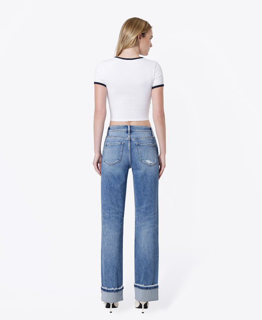 Back product images of Frisky - High Rise Distressed Cuffed Slim Wide Leg Jeans