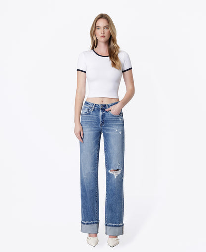 Front product images of Frisky - High Rise Distressed Cuffed Slim Wide Leg Jeans