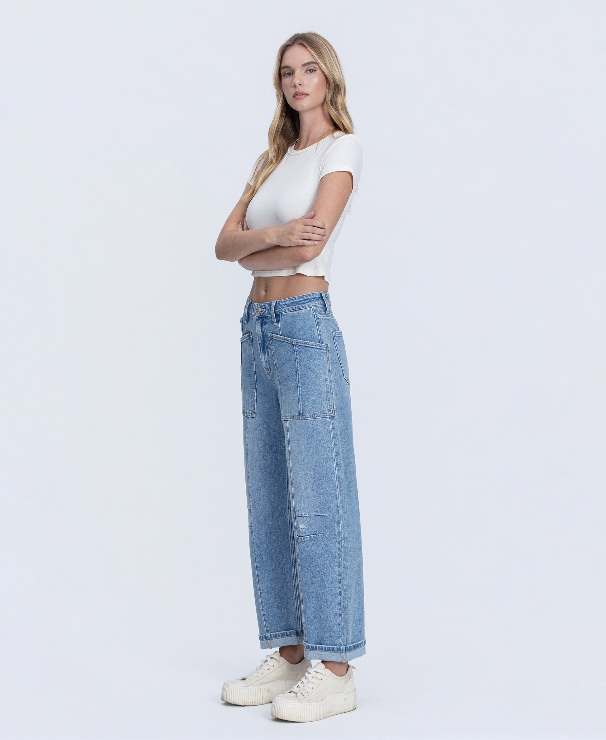 Left 45 degrees product image of Full Of Beans  - Super High Rise Patch Pocket Cuffed Barrel Jeans