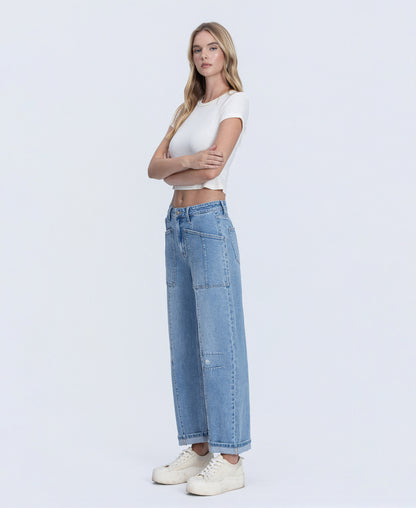 Left 45 degrees product image of Full Of Beans  - Super High Rise Patch Pocket Cuffed Barrel Jeans