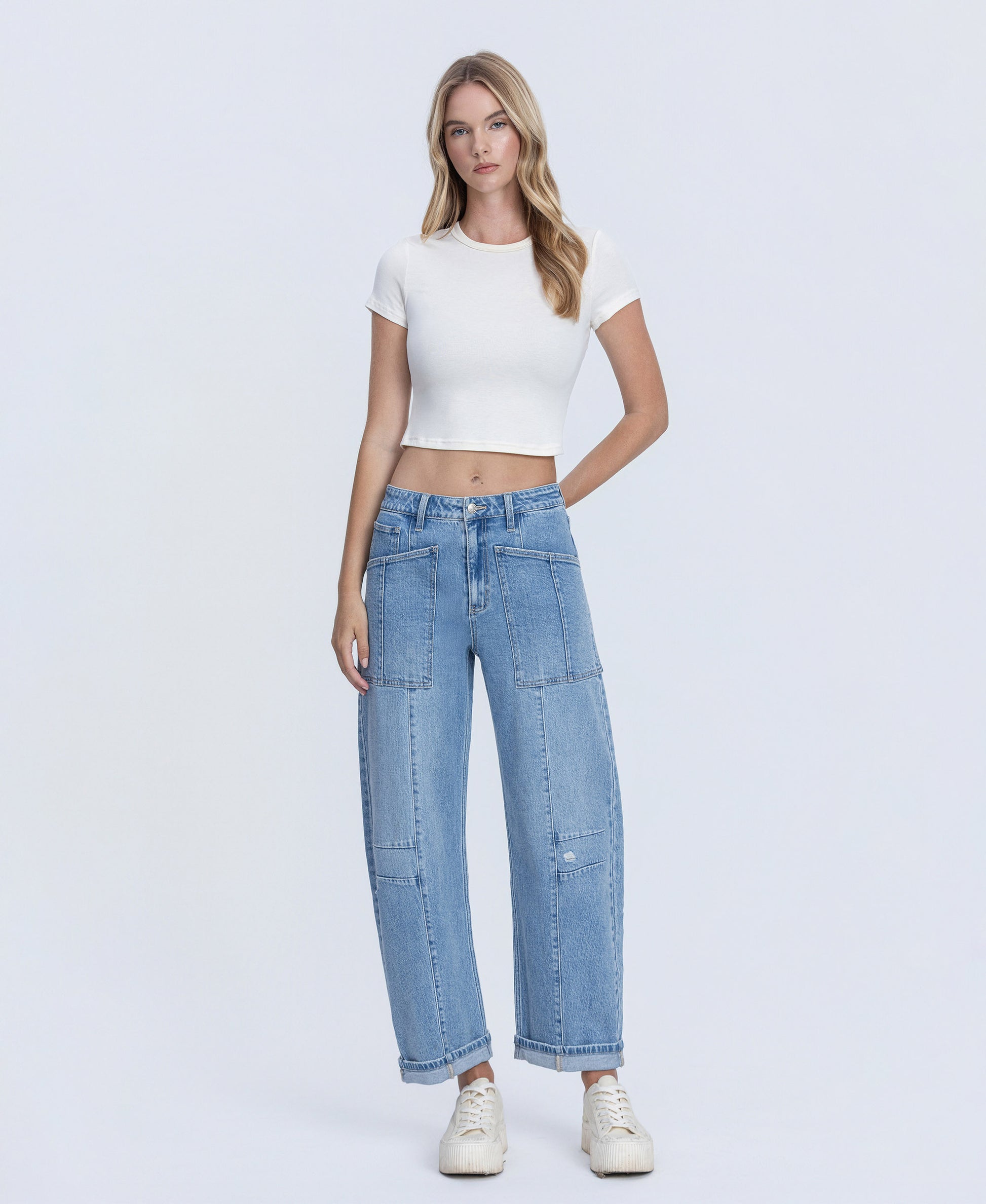 Front product images of Full Of Beans  - Super High Rise Patch Pocket Cuffed Barrel Jeans