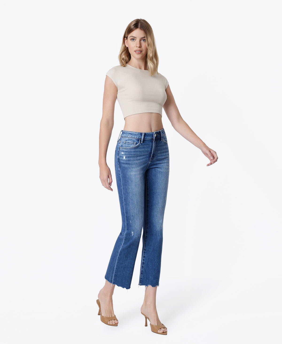 Right 45 degrees product image of Phenomenal - High Rise Raw Distressed Hem Kick Flare Jeans
