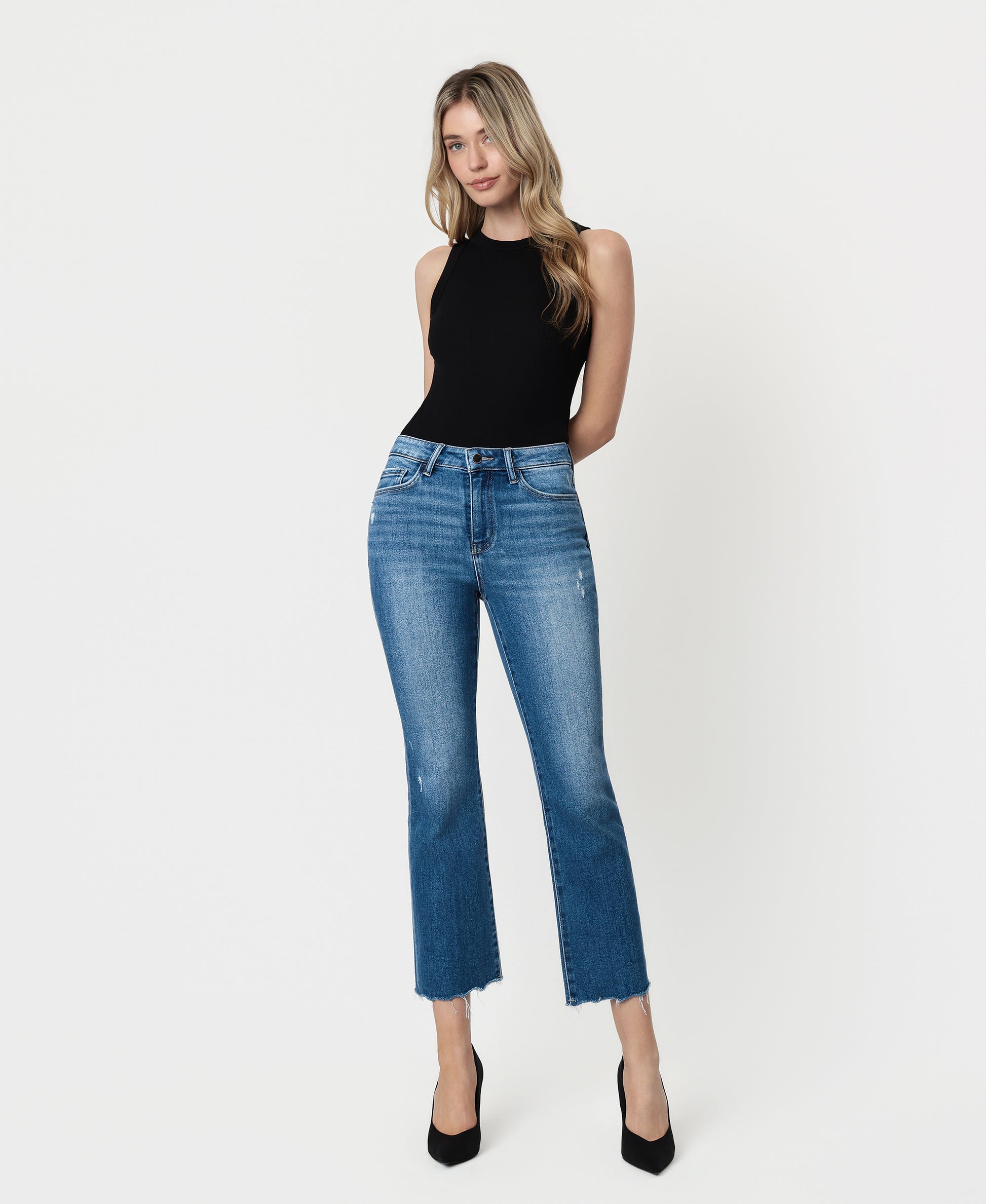 Front product images of Phenomenal - High Rise Raw Distressed Hem Kick Flare Jeans