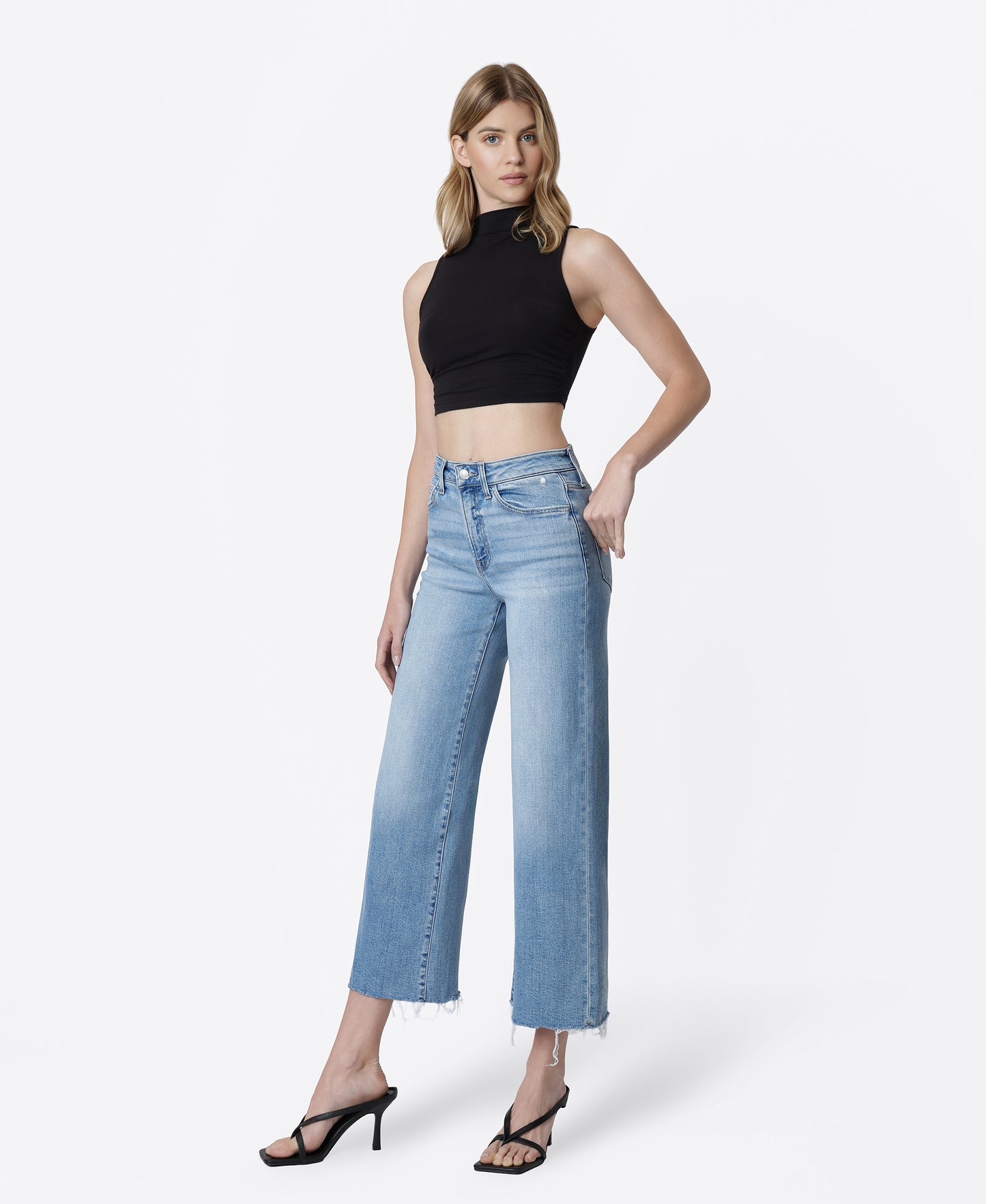 Left 45 degrees product image of Astounding - High Rise Raw Hem Crop Wide Leg Jeans