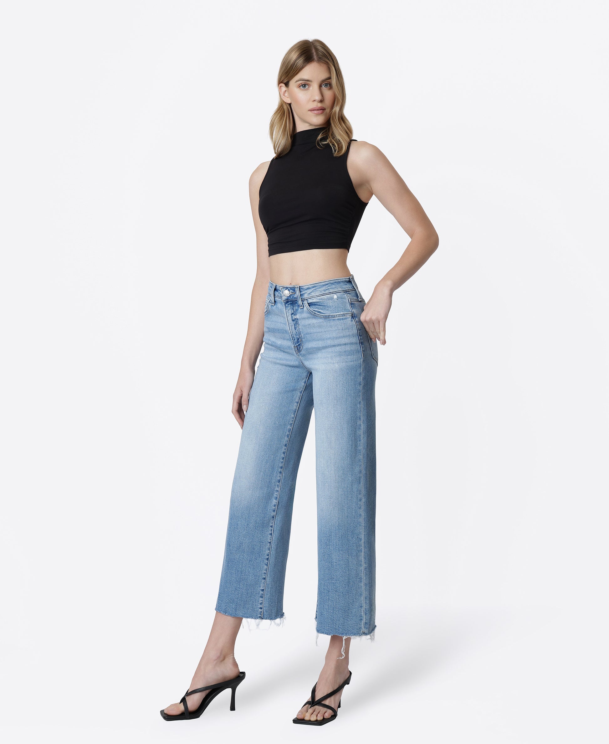 Left 45 degrees product image of Astounding - High Rise Raw Hem Crop Wide Leg Jeans