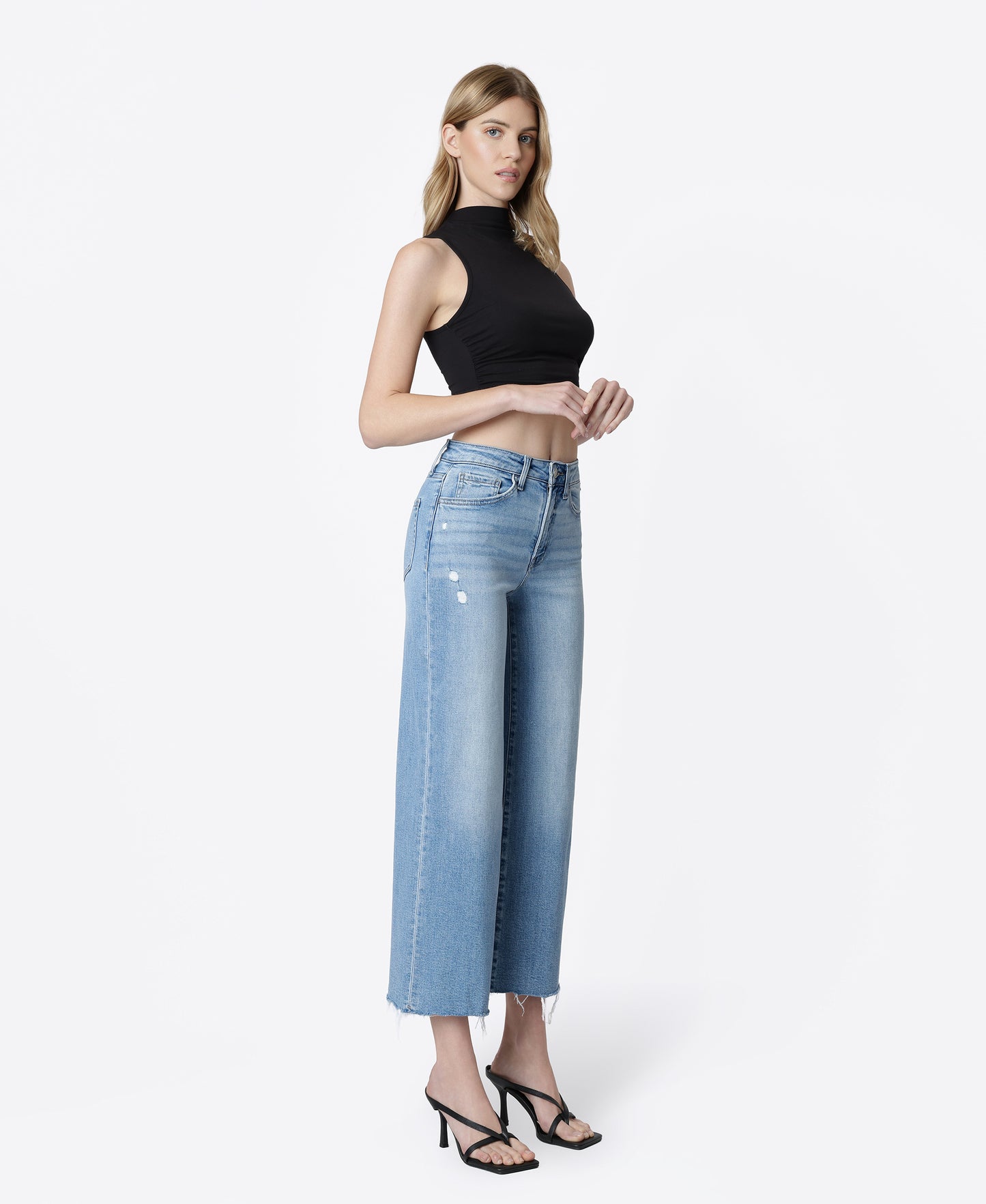 Right 45 degrees product image of Astounding - High Rise Raw Hem Crop Wide Leg Jeans