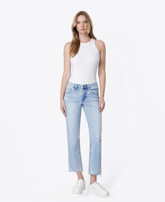 Front product images of Vivacious - Mid Rise Raw Hem Crop Straight Jeans