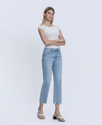 Right 45 degrees product image of Vivacious - Mid Rise Raw Hem Crop Straight Jeans