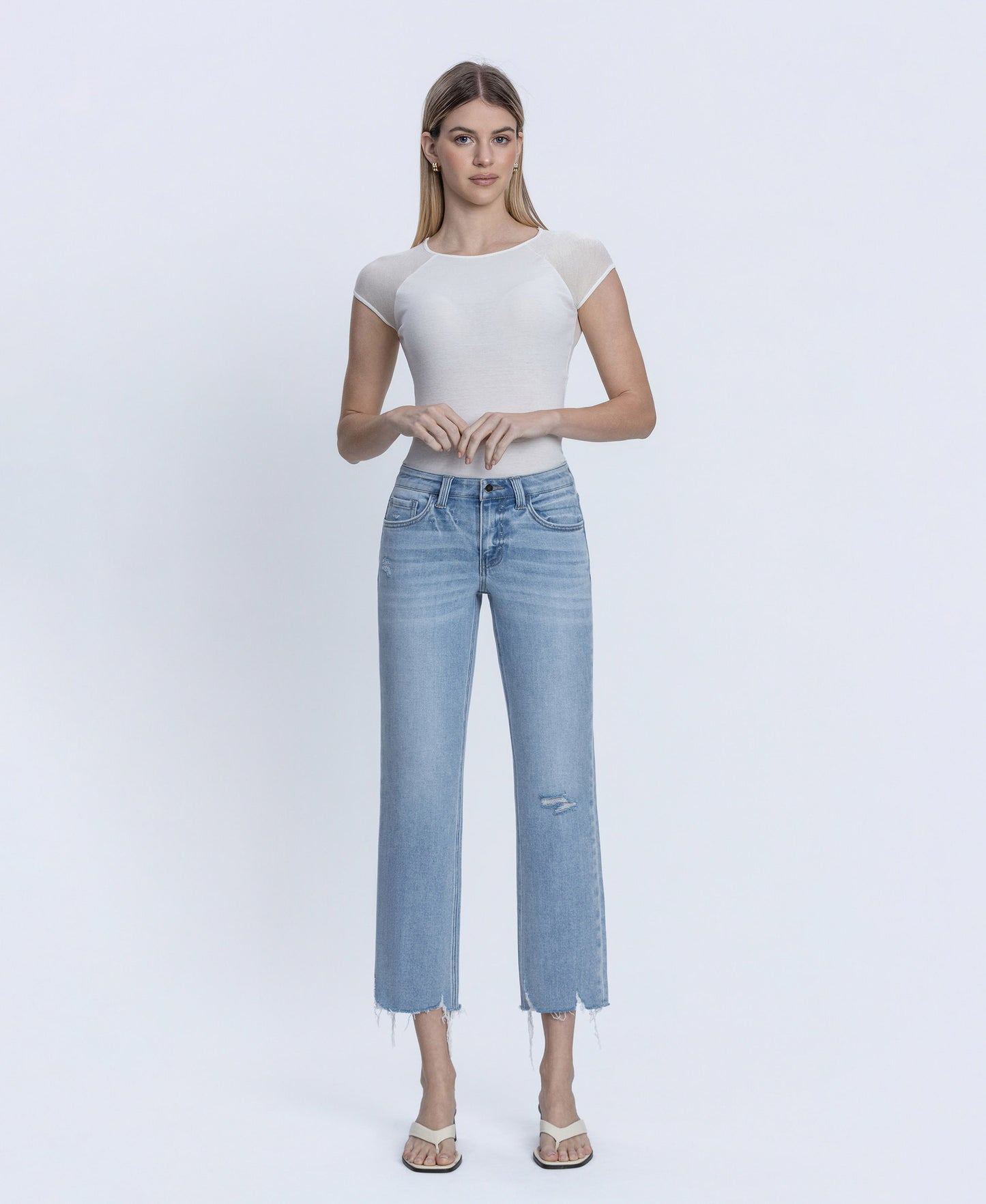 Front product images of Vivacious - Mid Rise Raw Hem Crop Straight Jeans