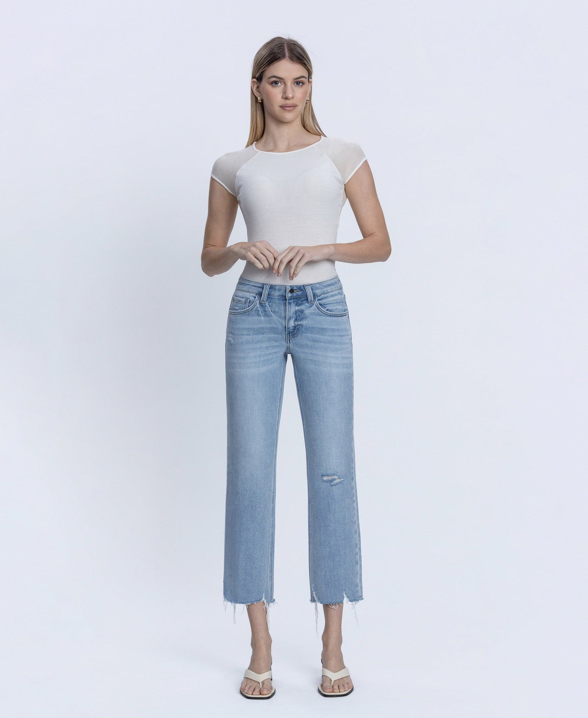 Front product images of Vivacious - Mid Rise Raw Hem Crop Straight Jeans