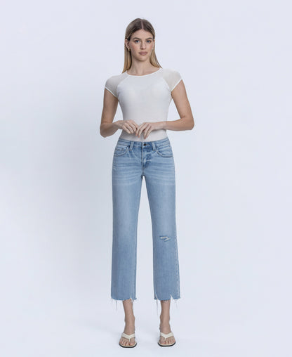 Front product images of Vivacious - Mid Rise Raw Hem Crop Straight Jeans
