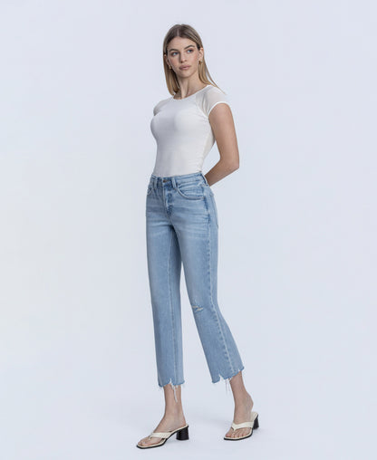 Left 45 degrees product image of Vivacious - Mid Rise Raw Hem Crop Straight Jeans