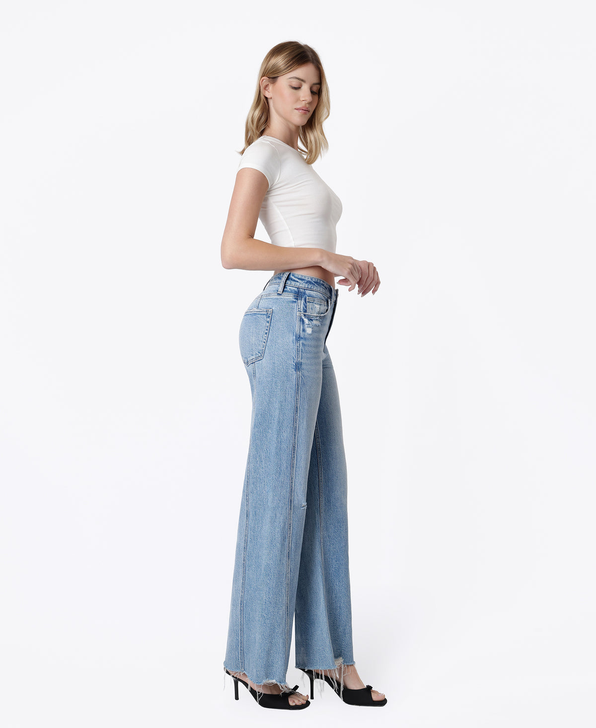 Right side product images of Vibrant - High Rise Seam Detail Distressed Hem Wide Leg Jeans