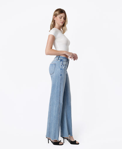 Right side product images of Vibrant - High Rise Seam Detail Distressed Hem Wide Leg Jeans