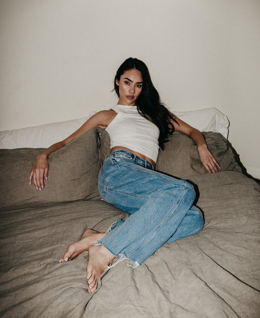 editorial image of Vibrant - High Rise Seam Detail Distressed Hem Wide Leg Jeans