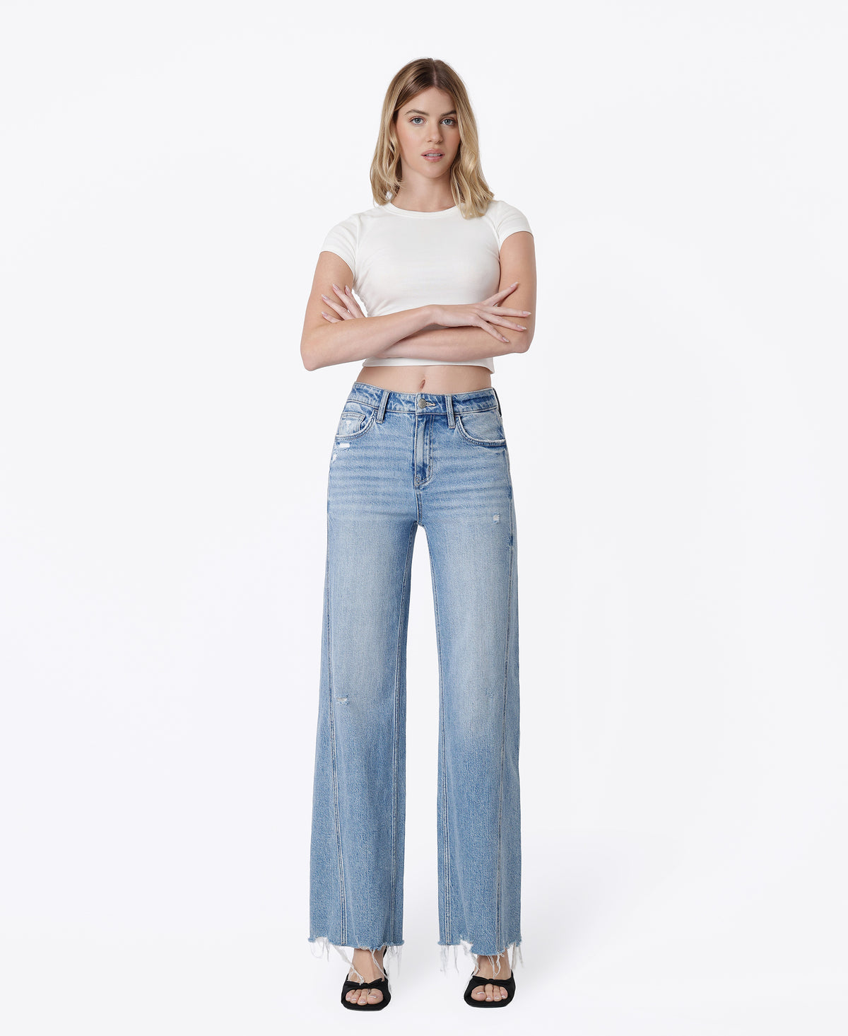Front product images of Vibrant - High Rise Seam Detail Distressed Hem Wide Leg Jeans
