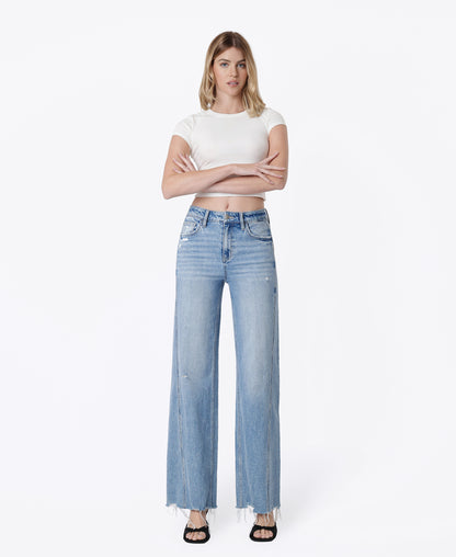 Front product images of Vibrant - High Rise Seam Detail Distressed Hem Wide Leg Jeans