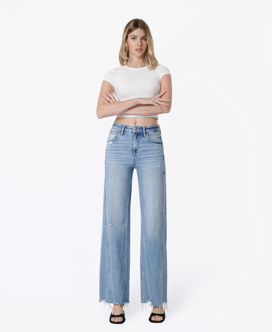 Front product images of Vibrant - High Rise Seam Detail Distressed Hem Wide Leg Jeans