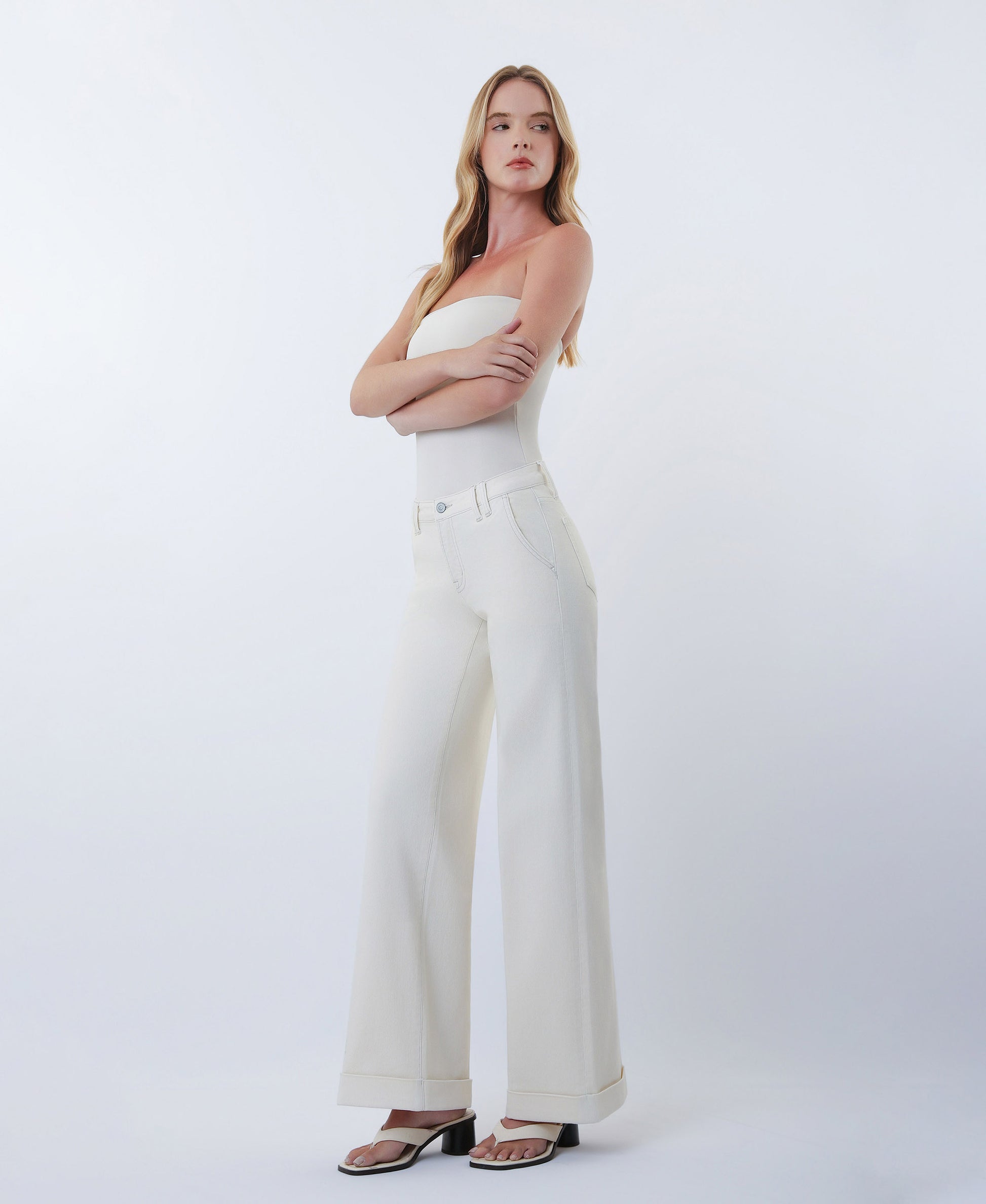 Ecru - Mid Rise Trouser Pressed Cuffed Wide Leg Jeans