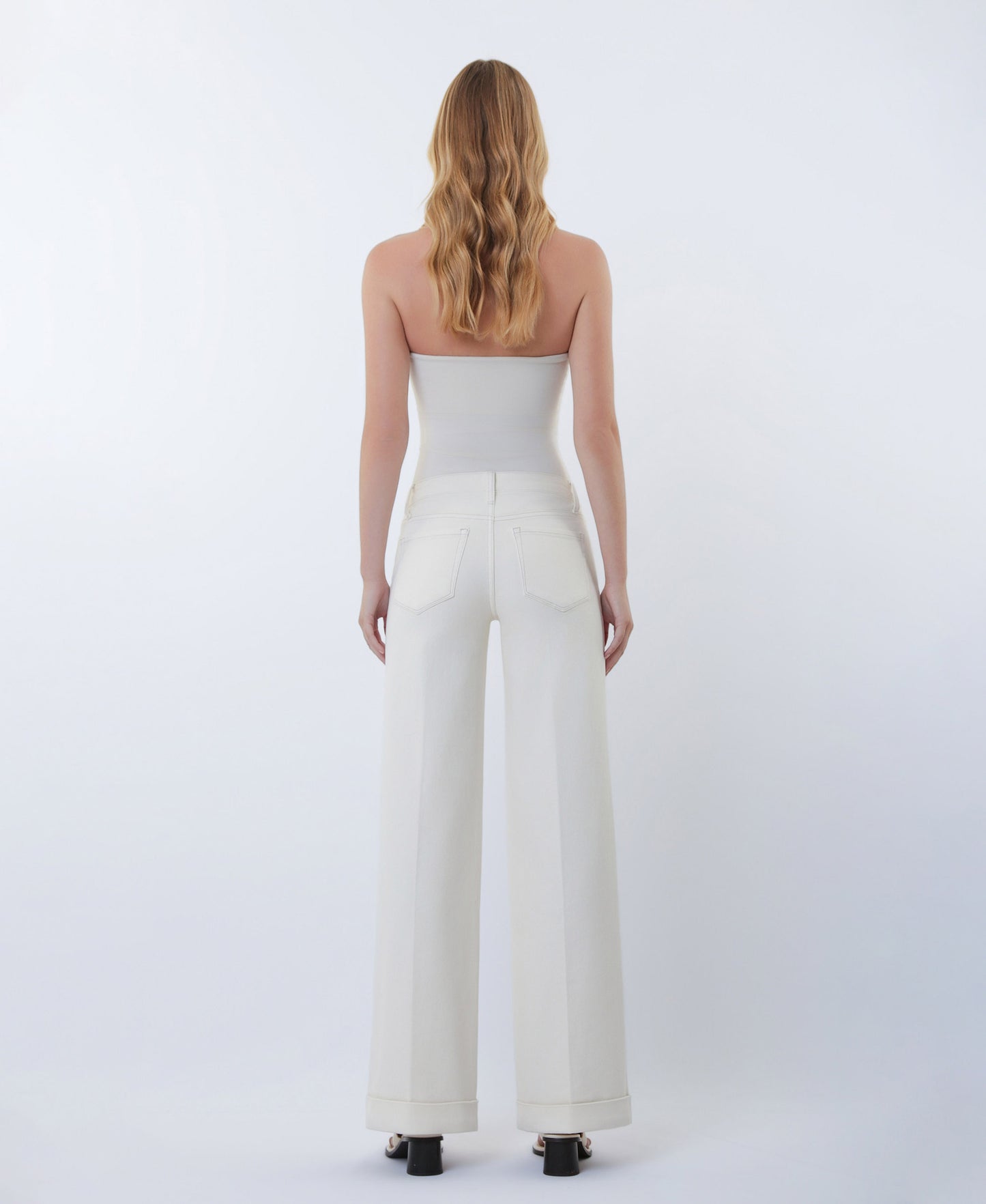 Ecru - Mid Rise Trouser Pressed Cuffed Wide Leg Jeans