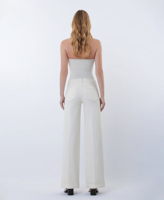 Ecru - Mid Rise Trouser Pressed Cuffed Wide Leg Jeans