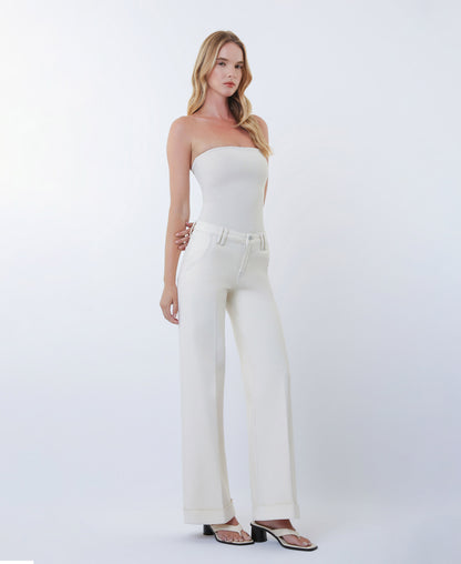Ecru - Mid Rise Trouser Pressed Cuffed Wide Leg Jeans