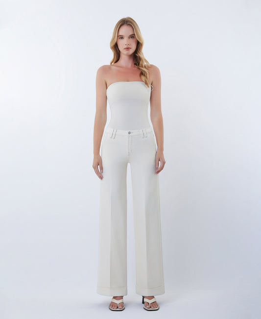 Ecru - Mid Rise Trouser Pressed Cuffed Wide Leg Jeans