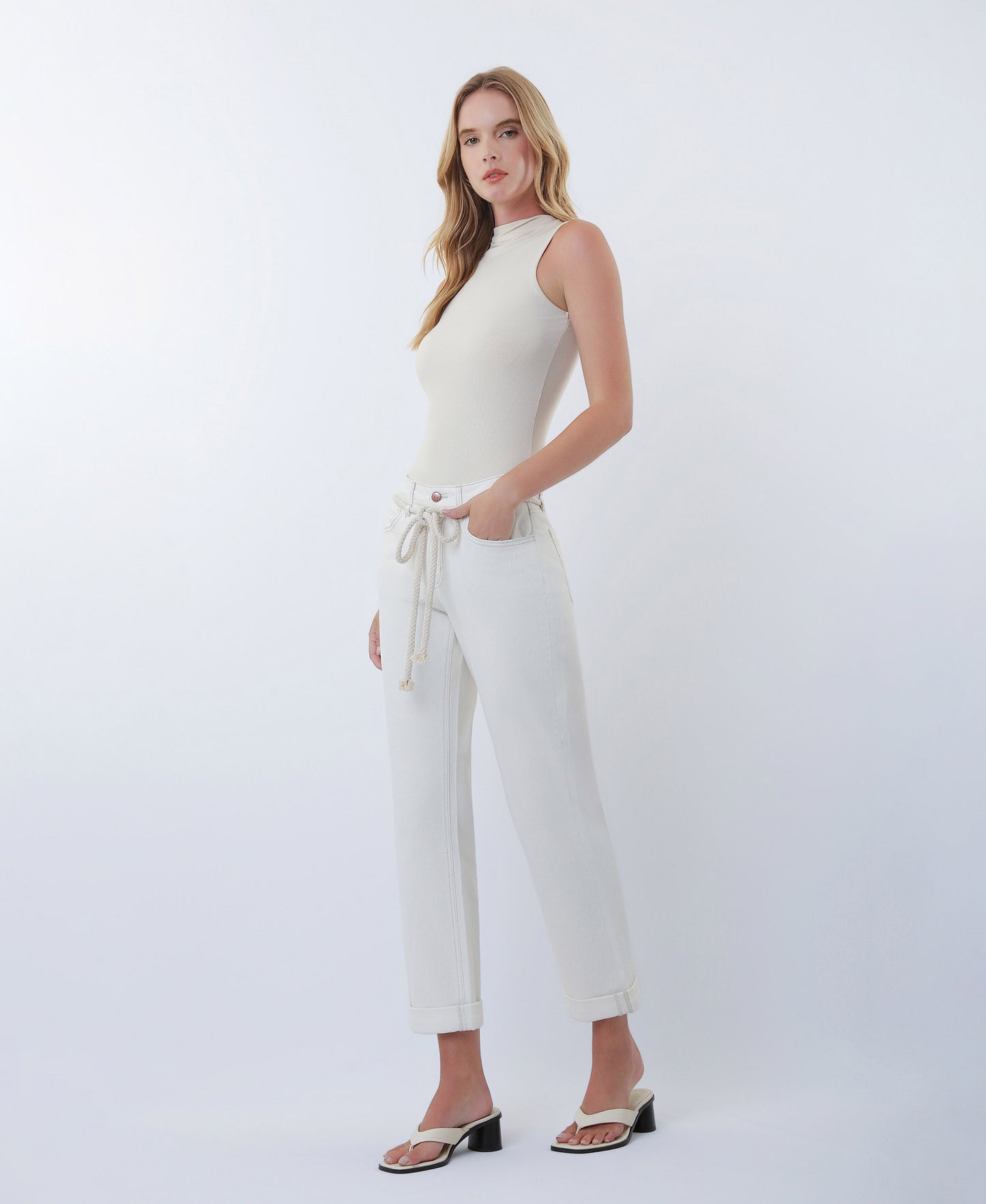 Left 45 degrees product image of Ecru - High Rise Rope Cord Cuffed Baggy Boyfriend Jeans