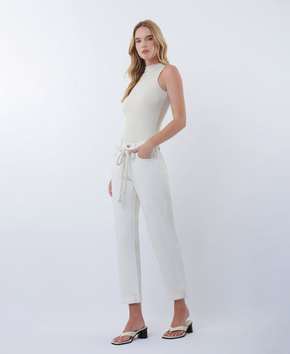 Left 45 degrees product image of Ecru - High Rise Rope Cord Cuffed Baggy Boyfriend Jeans