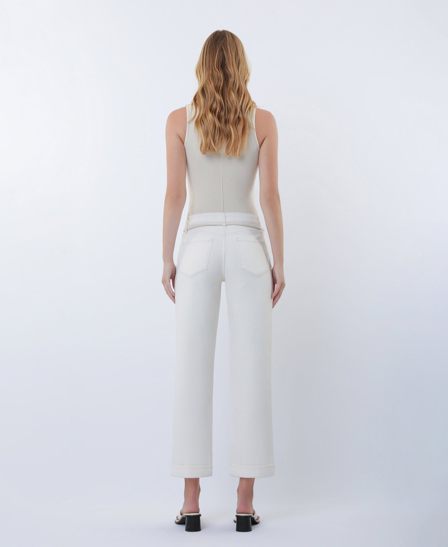 Back product images of Ecru - High Rise Rope Cord Cuffed Baggy Boyfriend Jeans