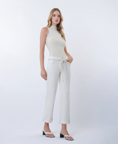 Right 45 degrees product image of Ecru - High Rise Rope Cord Cuffed Baggy Boyfriend Jeans