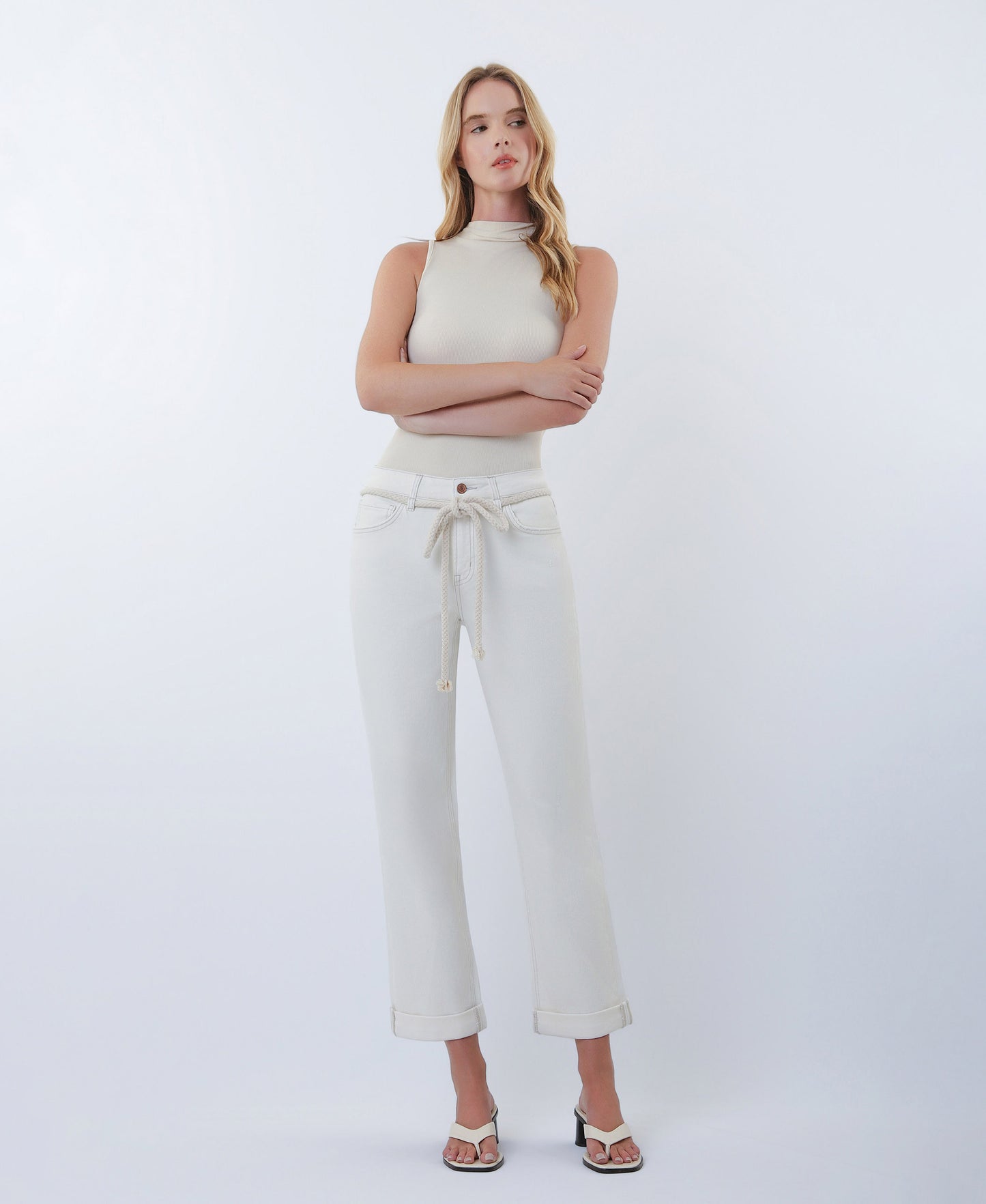 Front product images of Ecru - High Rise Rope Cord Cuffed Baggy Boyfriend Jeans