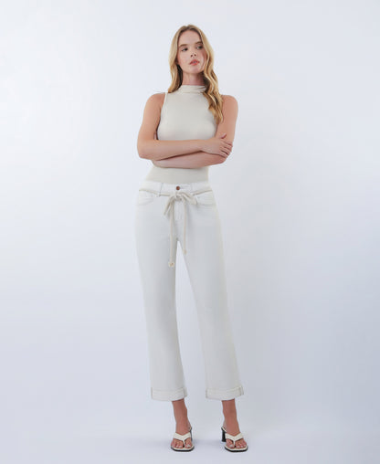Front product images of Ecru - High Rise Rope Cord Cuffed Baggy Boyfriend Jeans