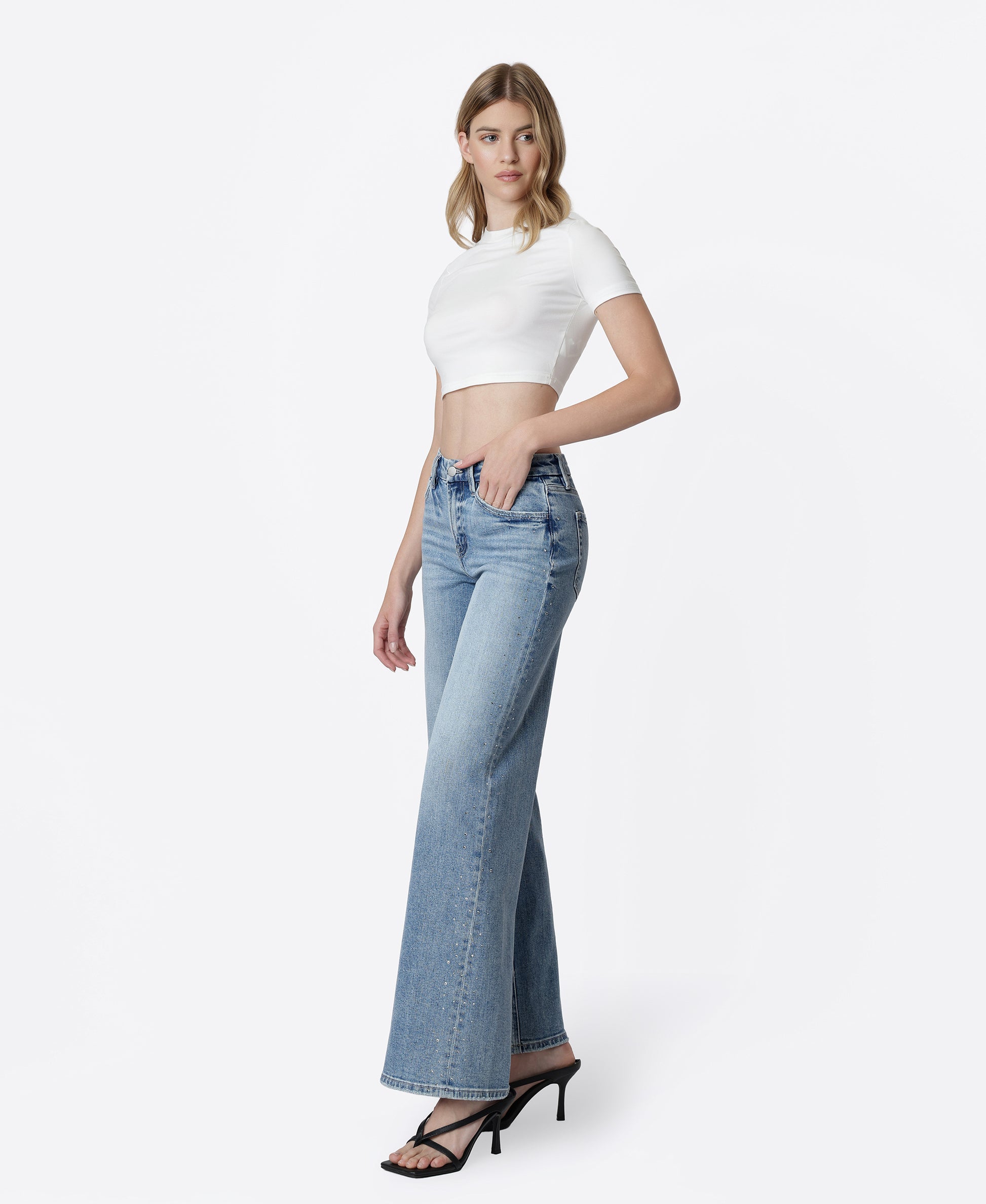 Left 45 degrees product image of Glow - High Rise Hotfix Stone Embellished Wide Leg Jeans
