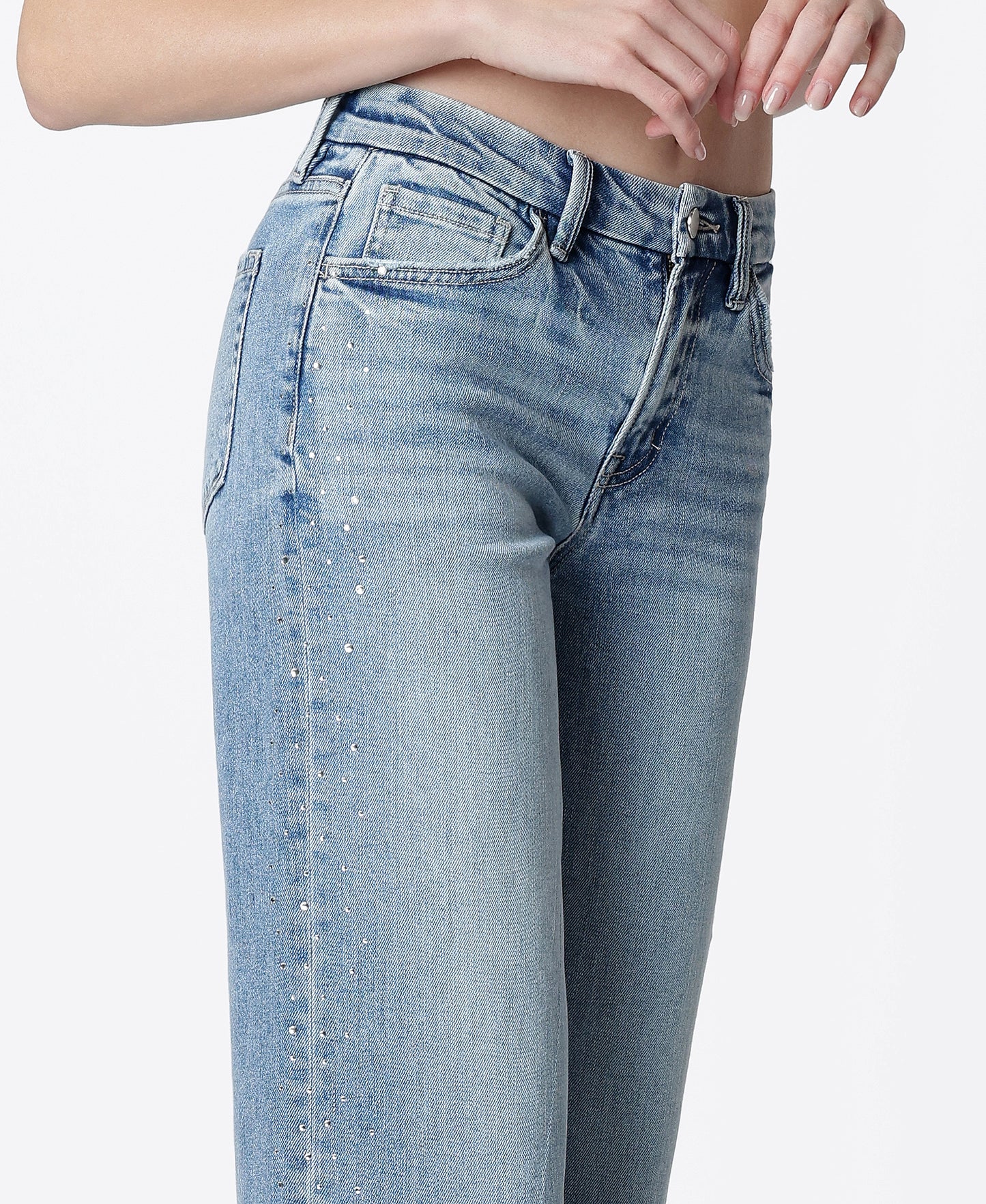 DETAIL PRODUCT IMAGE OF Glow - High Rise Hotfix Stone Embellished Wide Leg Jeans