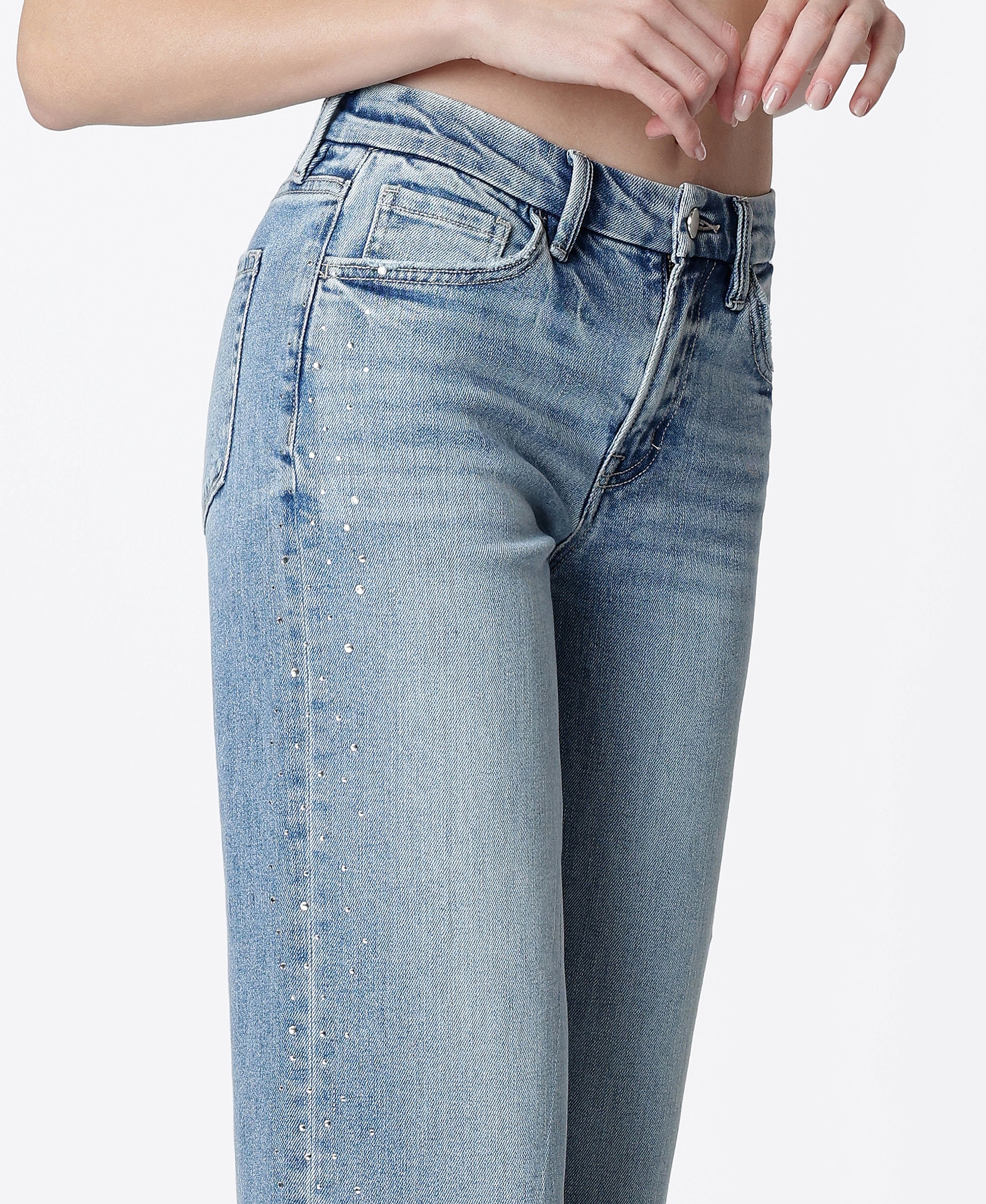 DETAIL PRODUCT IMAGE OF Glow - High Rise Hotfix Stone Embellished Wide Leg Jeans