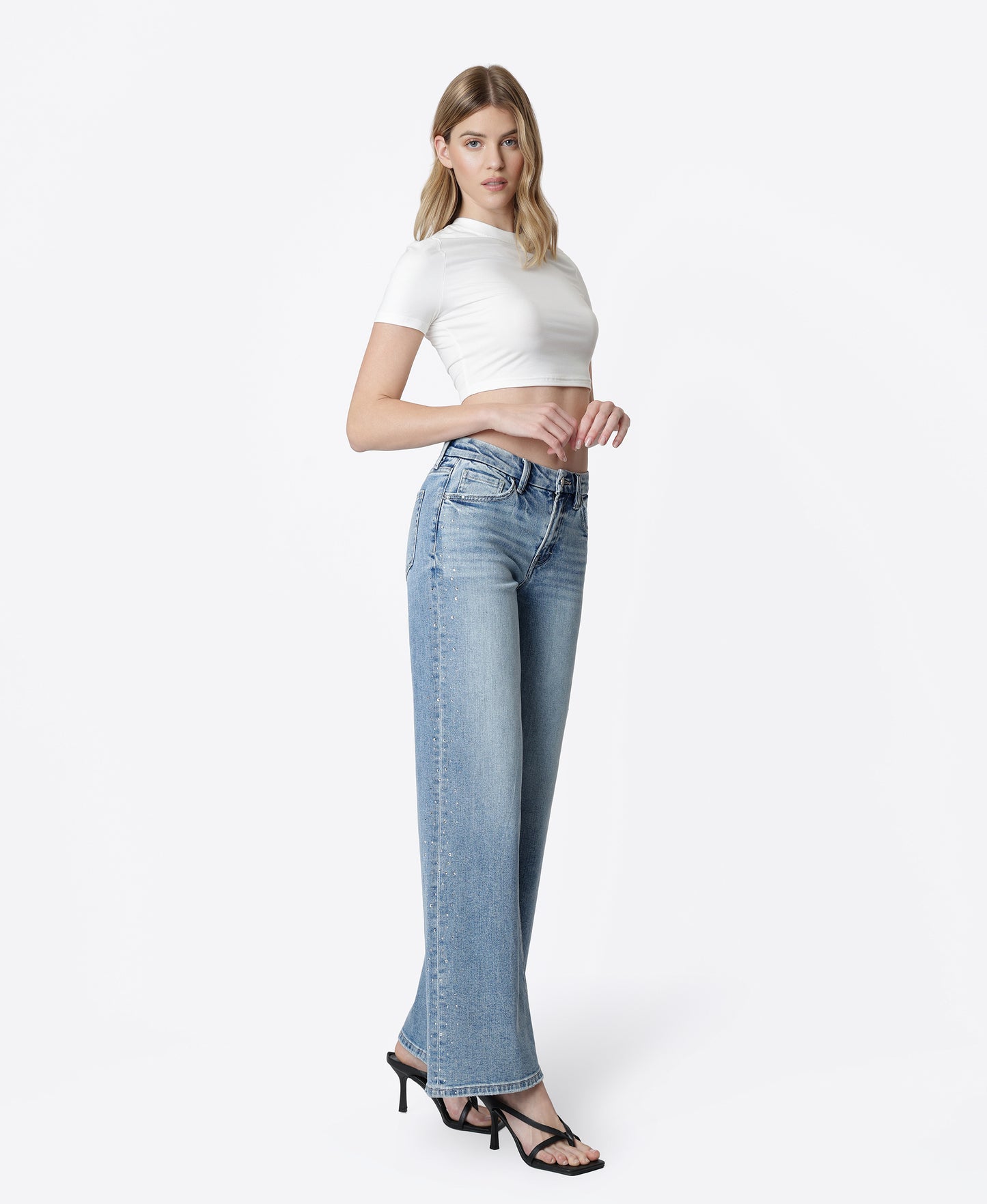 Right 45 degrees product image of Glow - High Rise Hotfix Stone Embellished Wide Leg Jeans