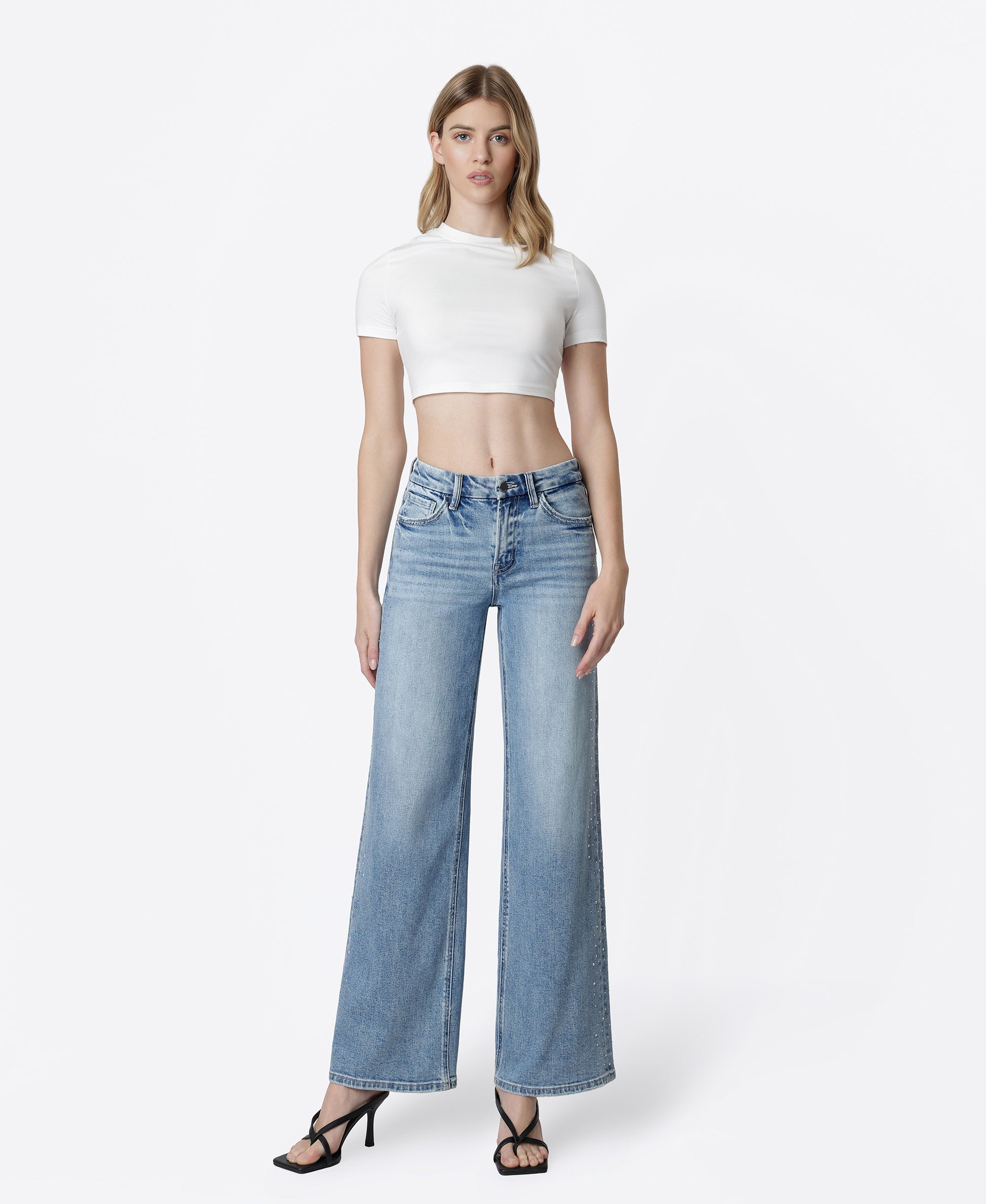 Front product images of Glow - High Rise Hotfix Stone Embellished Wide Leg Jeans