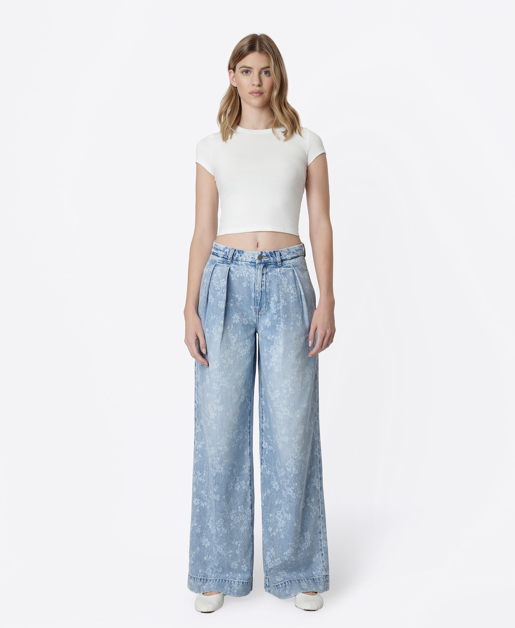 Front product images of Floral Print - Super High Rise Pleated Wide Leg Jeans