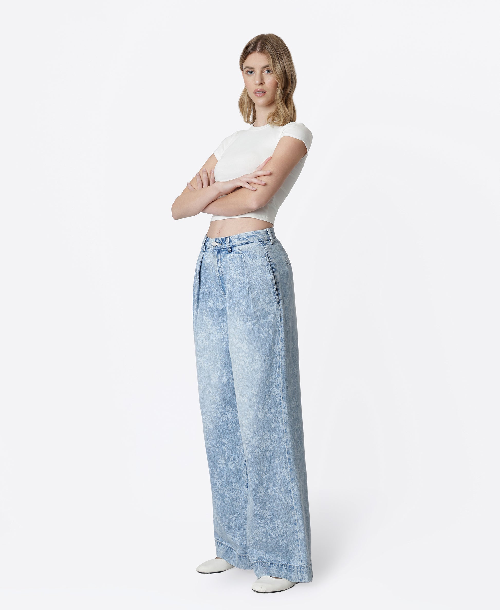 Left 45 degrees product image of Floral Print - Super High Rise Pleated Wide Leg Jeans