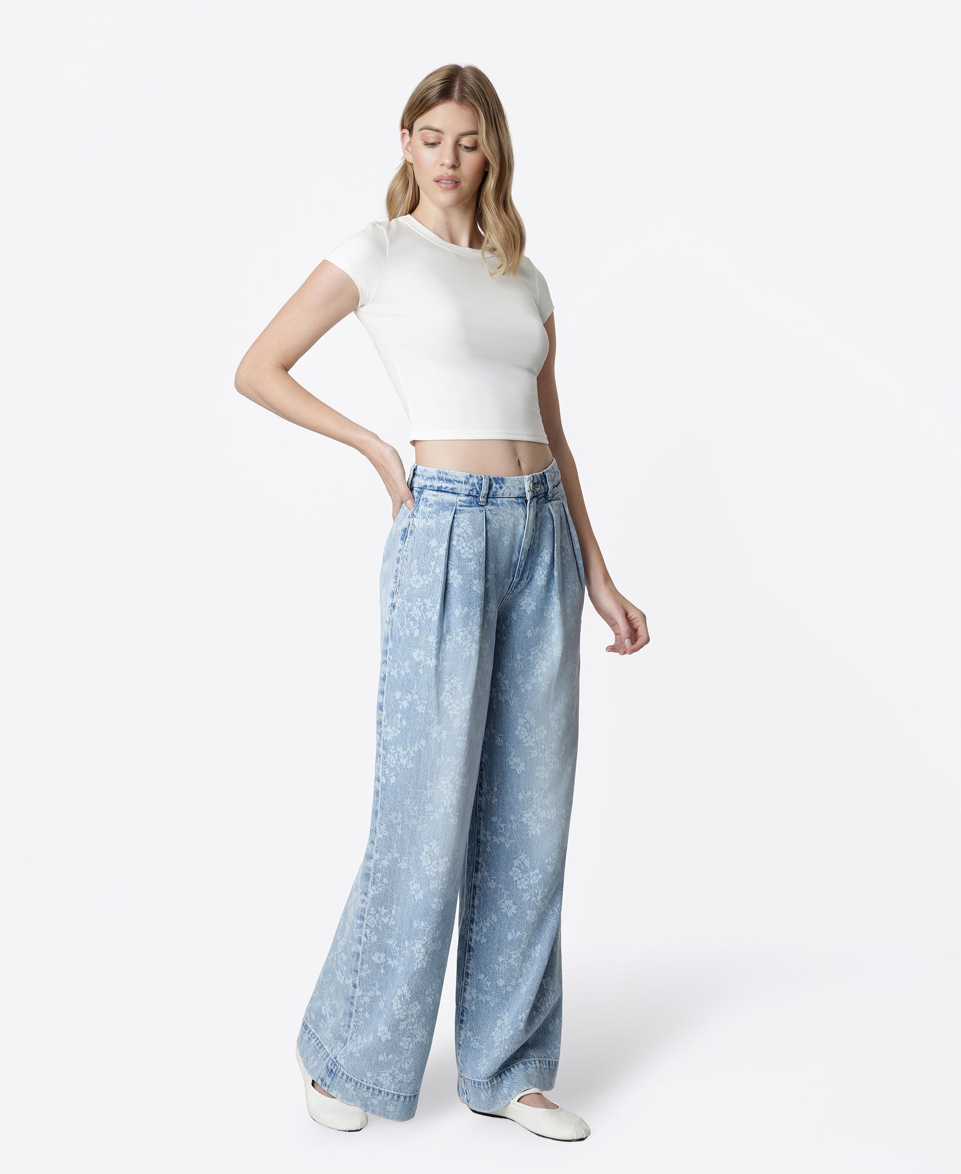Right 45 degrees product image of Floral Print - Super High Rise Pleated Wide Leg Jeans