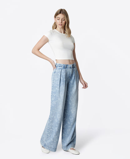 Right 45 degrees product image of Floral Print - Super High Rise Pleated Wide Leg Jeans
