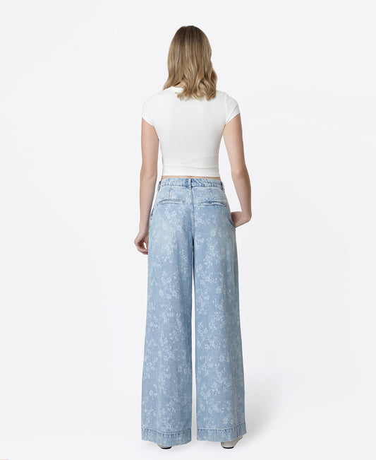 Back product images of Floral Print - Super High Rise Pleated Wide Leg Jeans